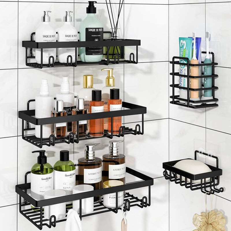 Ensemble de 5 paniers de douche, tablettes de douche en acier inoxydable antirouille avec porte-savon et porte-brosses à dents, organisateur de salle de bain adhésif sans perçage, noir