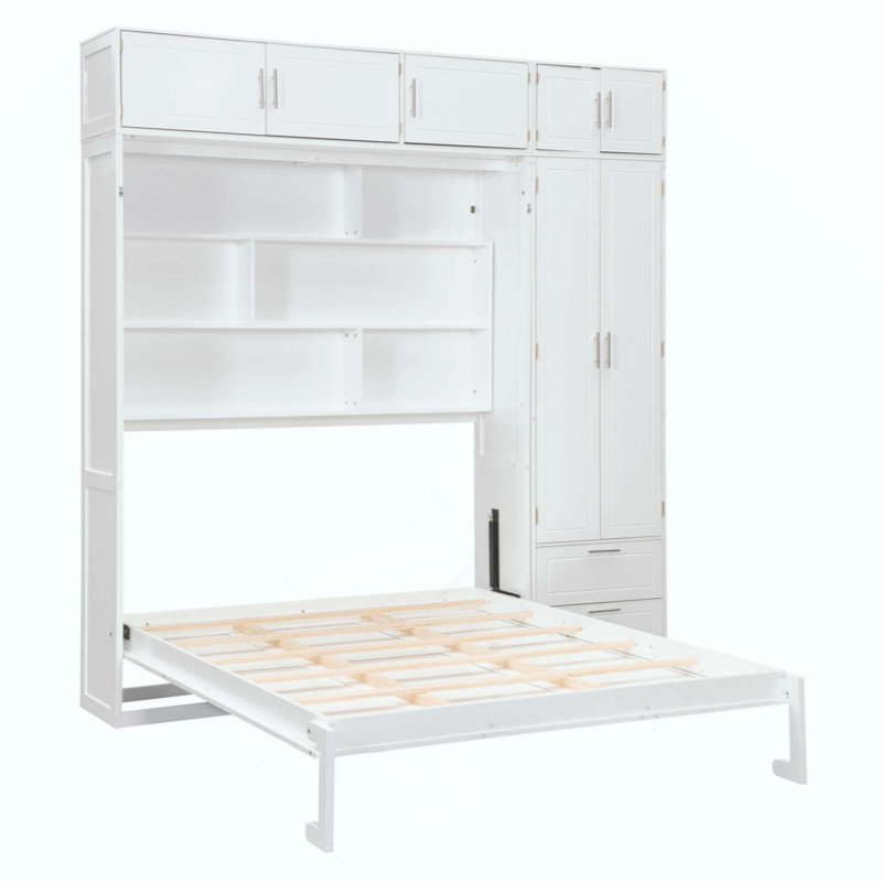 Lit escamotable mural avec armoire supérieure, tablettes et garde-robe, lit pliable peu encombrant, Blanc