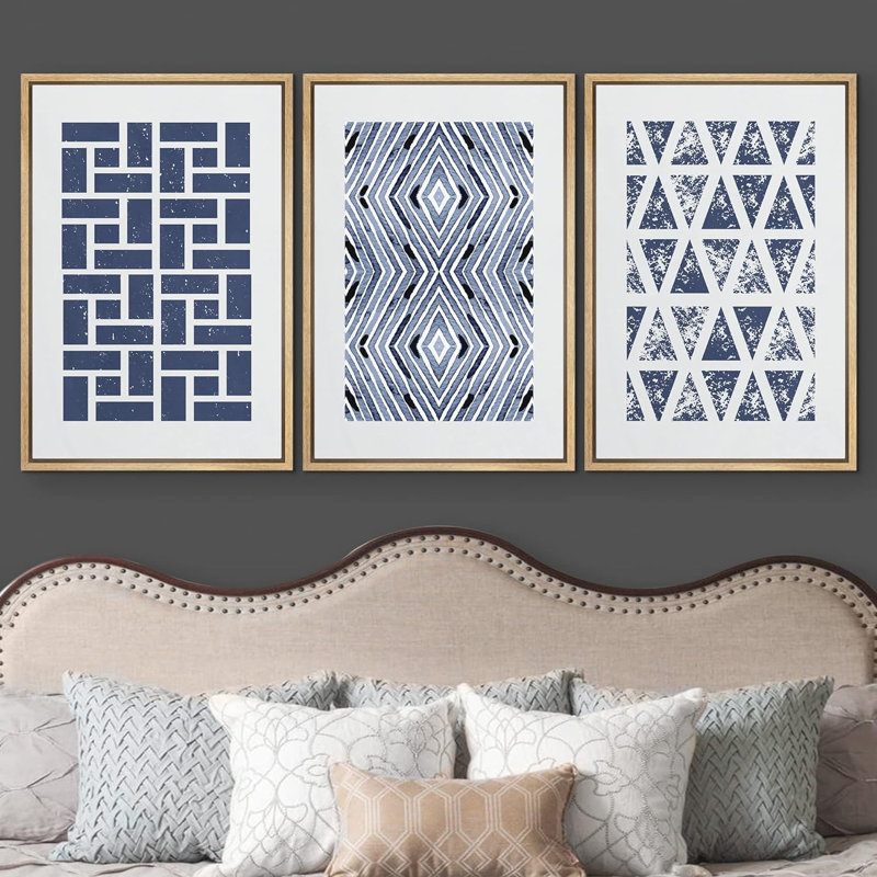 Carré bleu géométrique et formes abstraites à motifs abstraits, art bohémien bleu marine, 3 pièces, H 24 po x l 48 po
