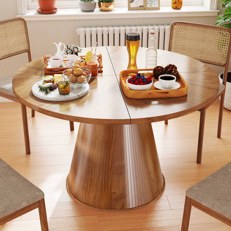 47 Inch Round Dining Table For 4, Fluted Farmhouse Kitchen Table, Dinner Table For Kitchen Living Room, Walnut