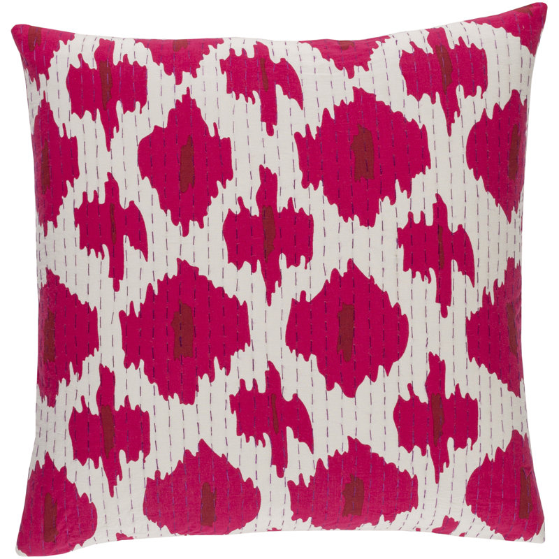 Kantha Cotton Throw Pillow, 18" x 18", Magenta/Cherry/Magenta/Ivory, Down Blend