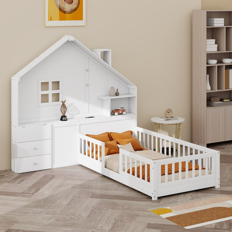 House Bed With Window And Bedside Drawers, Platform Bed With Shelves And A Set Of Sockets And USB Port
