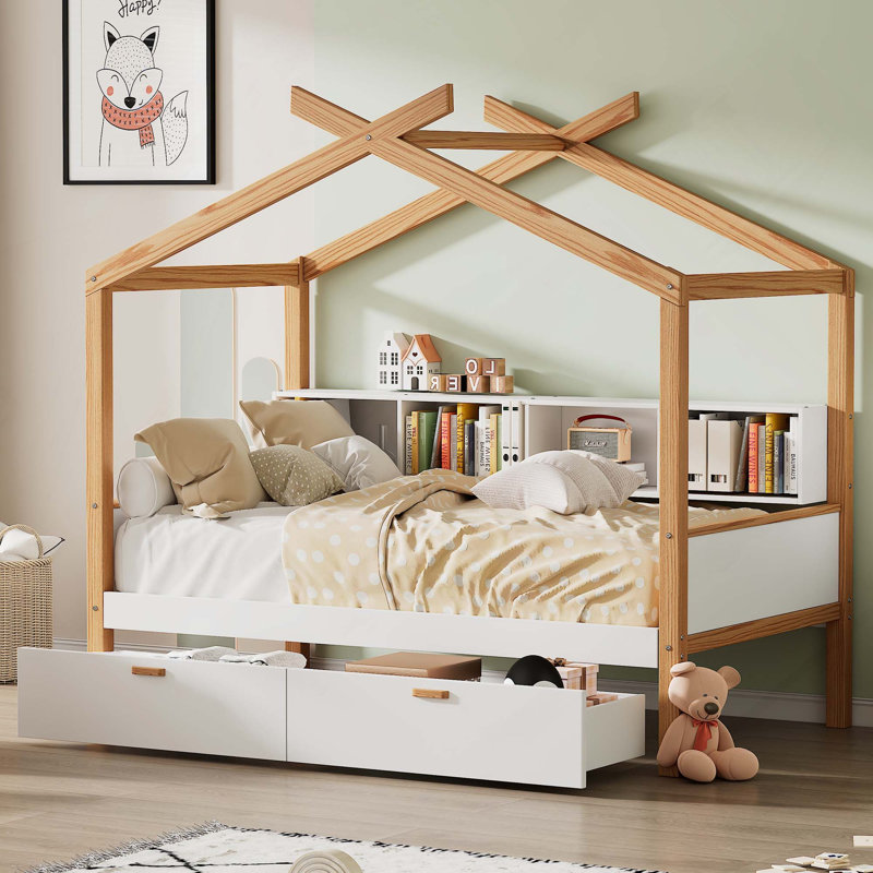 Lit en bois avec lit gigogne à 2 tiroirs et bibliothèque pour enfants ou chambre d'amis, Full