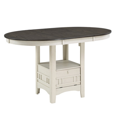 Table de salle à manger à hauteur de comptoir 1pc avec rallonge et base de rangement en blanc antique, brun rosé et brun / blanc