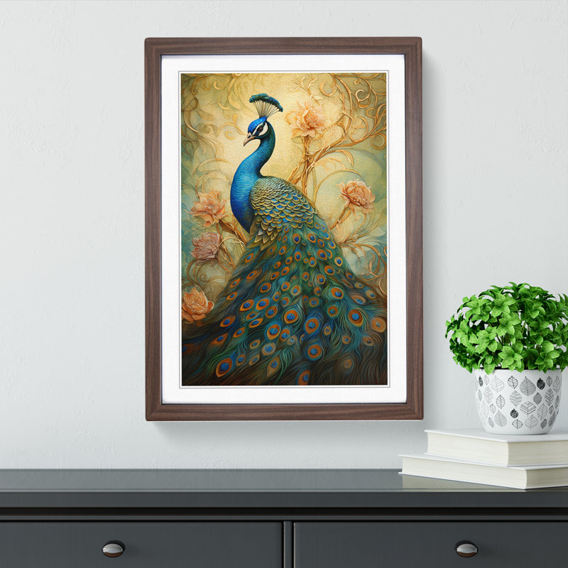 Peacock Tachisme - Single Picture Frame Print on Wood, Walnut Framed, 46cm H x 34cm W x 2" D