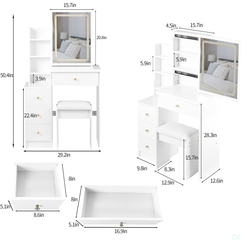 Ensemble de meuble-lavabo 29,2 po avec tabouret de chevet et tabouret, Blanc