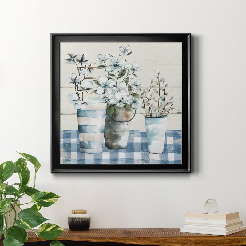 Gingham Blues - Peinture sur toile encadrée, Cadre noir, H 34,5 po x l 34,5 po x P 1,5 po