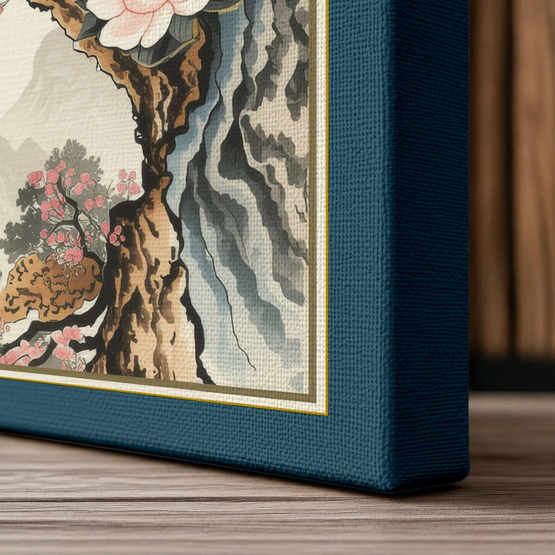 Pagoda Among Blossoms Japandi - Wrapped Canvas, 36x24 - 91.4 x 61.0 cm, Teal Border