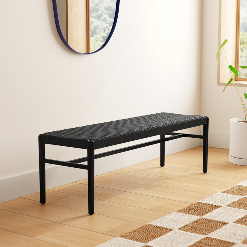 Piper Solid Wood Bench with Woven Rope Seat , 18" H x 56" W x 17" D, Black