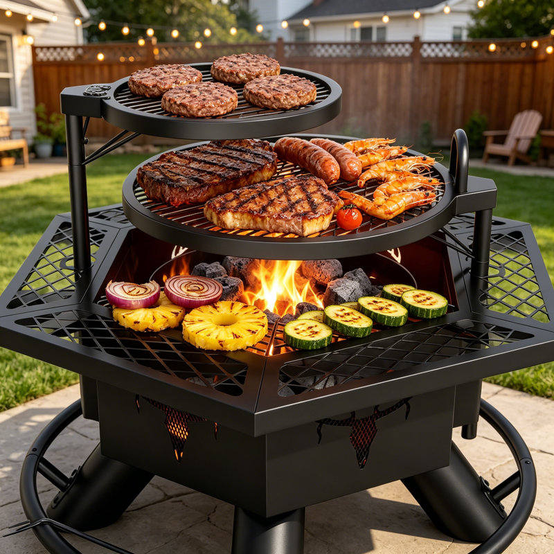 Fire Pit with BBQ Grill Wood Burning Outdoor