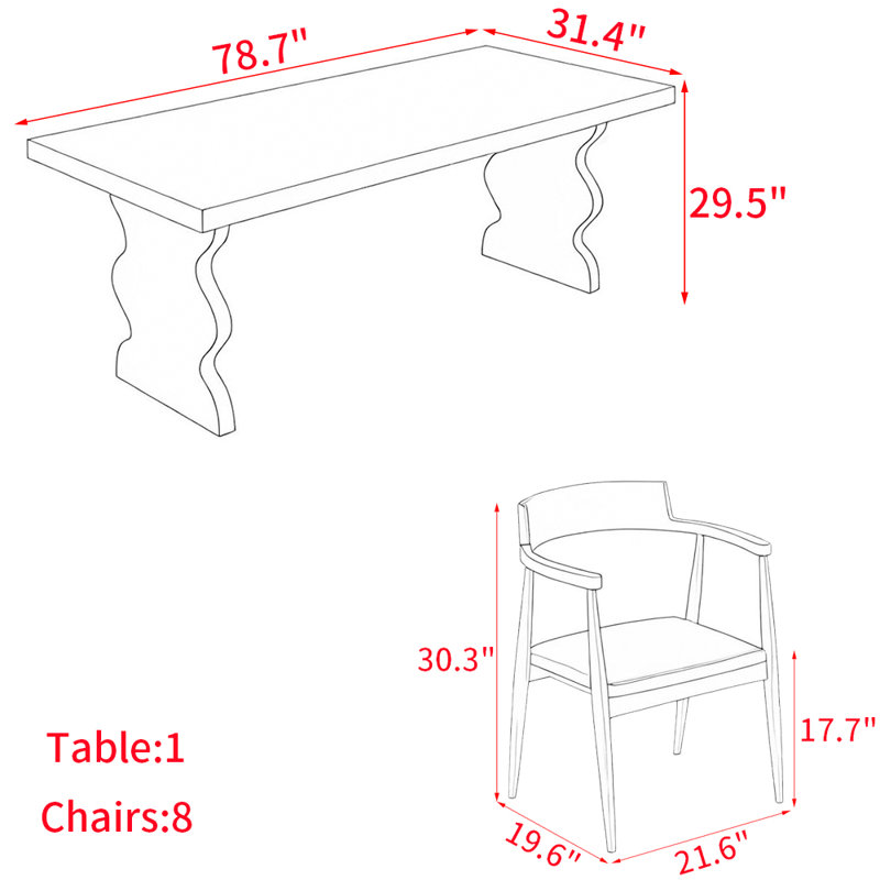 Modern simple solid wood dining table set., 29.5"H x 78.7"L x  31.4"W