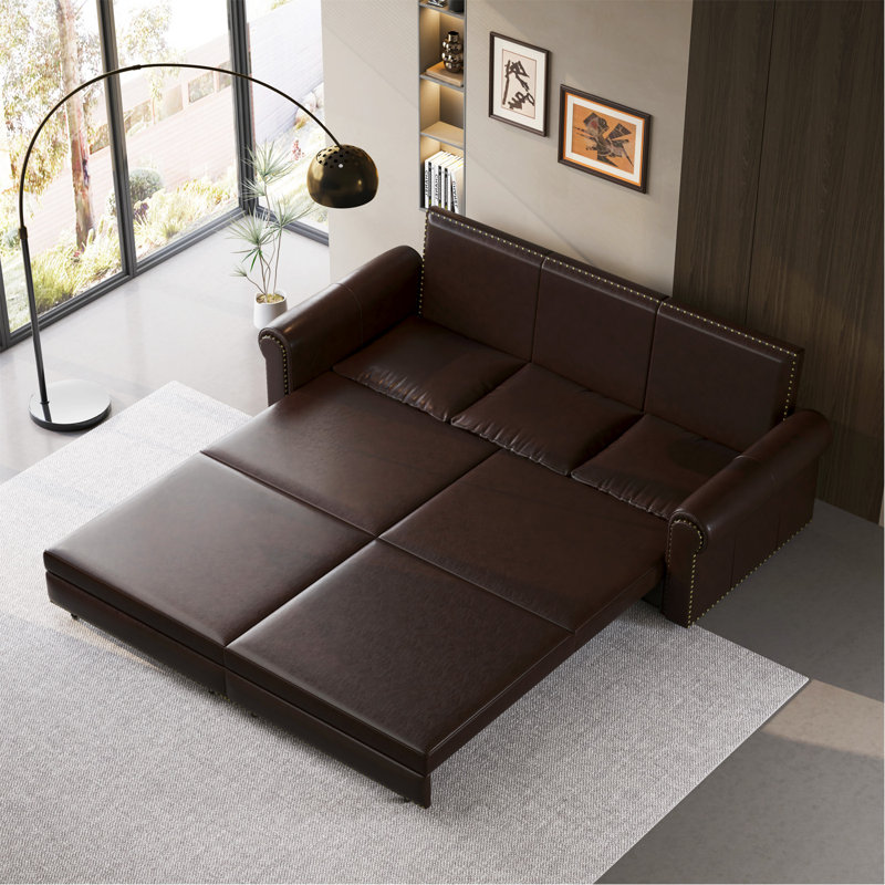 Canapé Chesterfield, canapé-lit gigogne de 93,7 po, canapé-lit convertible 3 en 1 en similicuir avec garniture cloutée et accoudoirs roulés, canapé-lit multifonctionnel, brun foncé