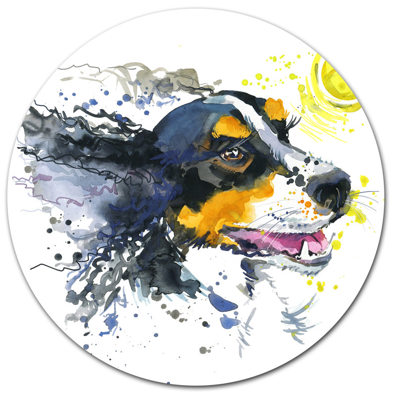Chien et boule jaune aquarelle - reproduction d'art, H 23 po x l 23 po x P 1 po, Métal