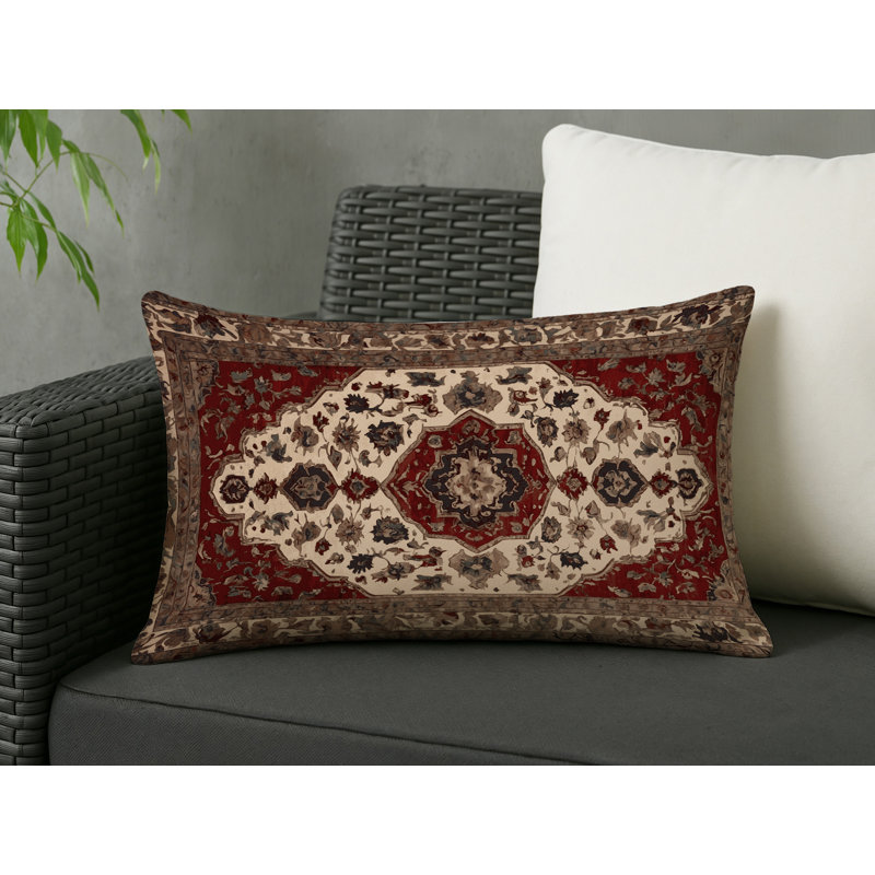 Coussin décoratif intérieur et extérieur Modern, Bourgogne / crème / damas brun, Rectangle H 20 po x l 14 po