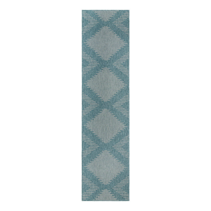 Tapis rayé en polypropylène tissé à la machine intérieur / extérieur gris / bleu, Tapis de couloir 3 pi 3 po x 14 pi 1 po