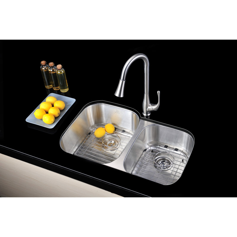 Moore 32'' L Double Bowl Stainless Steel Kitchen Sink, Polished Chrome