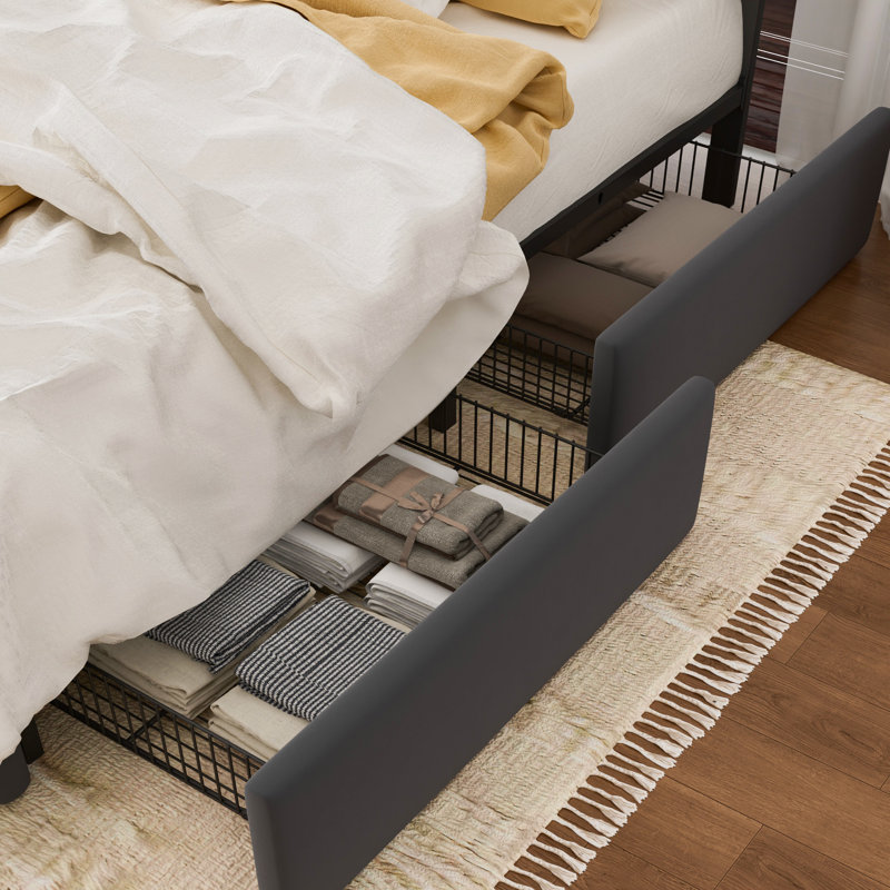 Lit plateforme tapissier avec 4 tiroirs et tête de lit, Gris clair, Grand