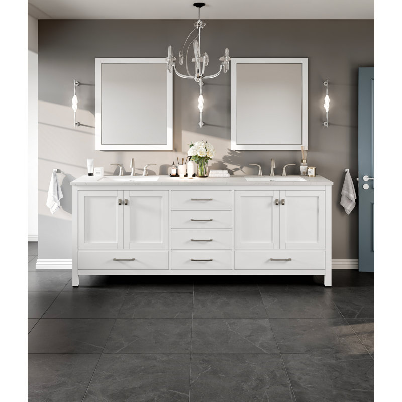 Minnich 84"W x 22"D Double Sink Bathroom Vanity with Undermount Porcelain Sink, White, Quartz - White Carrara