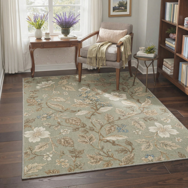 Alpsville Bloomery Floral Machine Washable Beige / White Indoor Area Rug with Non-Slip Backing, Rectangle 6' x 9'