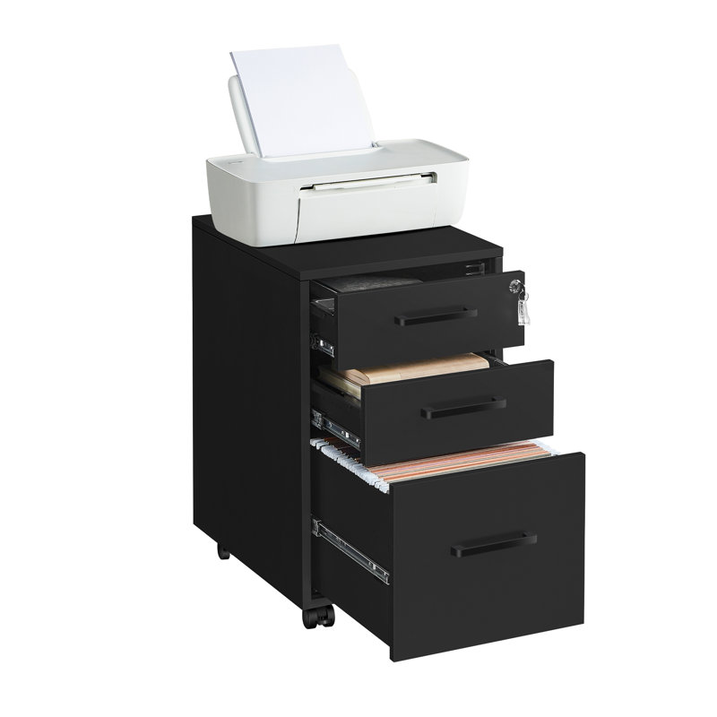 Matte Black Mobile 3-Drawer Lockable File Cabinet