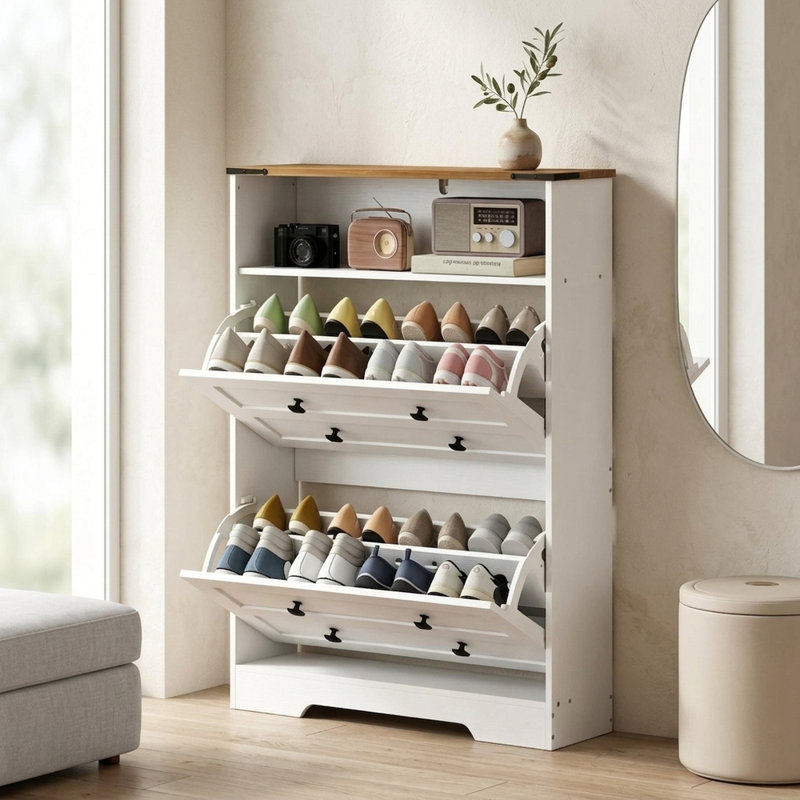 Mince range-chaussures escamotable pour le vestibule, organisateur de chaussures de ferme étroit à 2 tiroirs avec tablettes réglables, blanc et brun