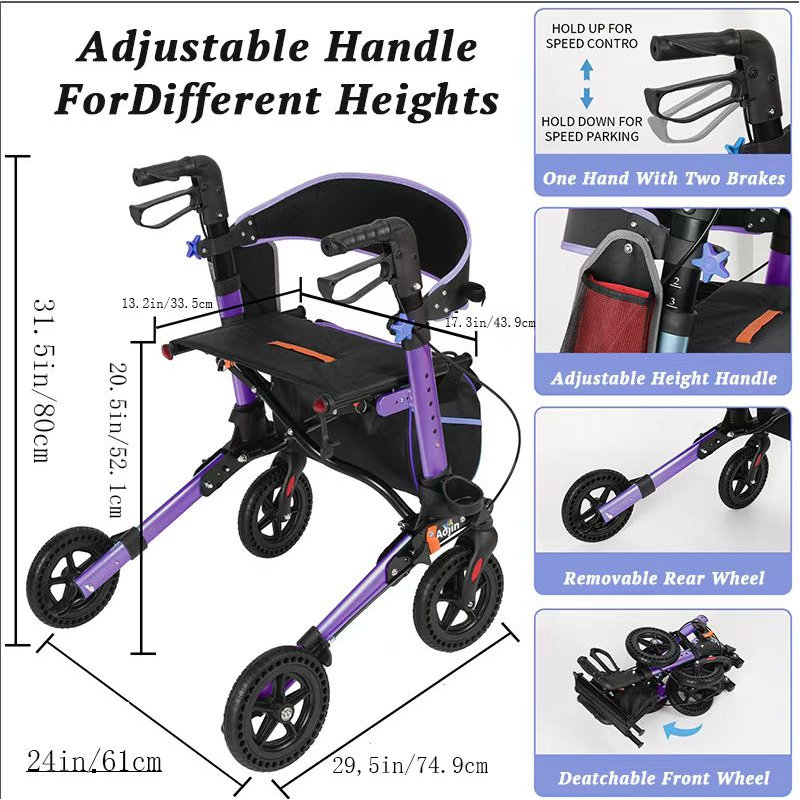 Rollator Walker for Seniors, Lightweight Foldable All Terrain Rolling Walker with seat, Aluminum Walkers with 8 inch Rubber Wheels, Handles and Backrest for Seniors and Adult 