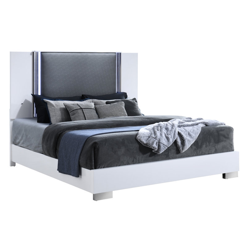 Grand lit à panneau à DEL blanc lisse Moon, chambre à coucher en marbre de style contemporain, structure en bois d'hévéa, revêtement, bois massif et maquillage, conception à 4 lattes, profondeur de produit 62,92 po, largeur 83,89 po, hauteur 62,44 po,