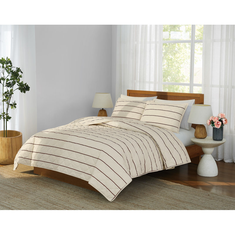 Brooklyn Loom Hayward Stripe Quilt Set, Ivory/Brown, King Quilt + 2 King Shams