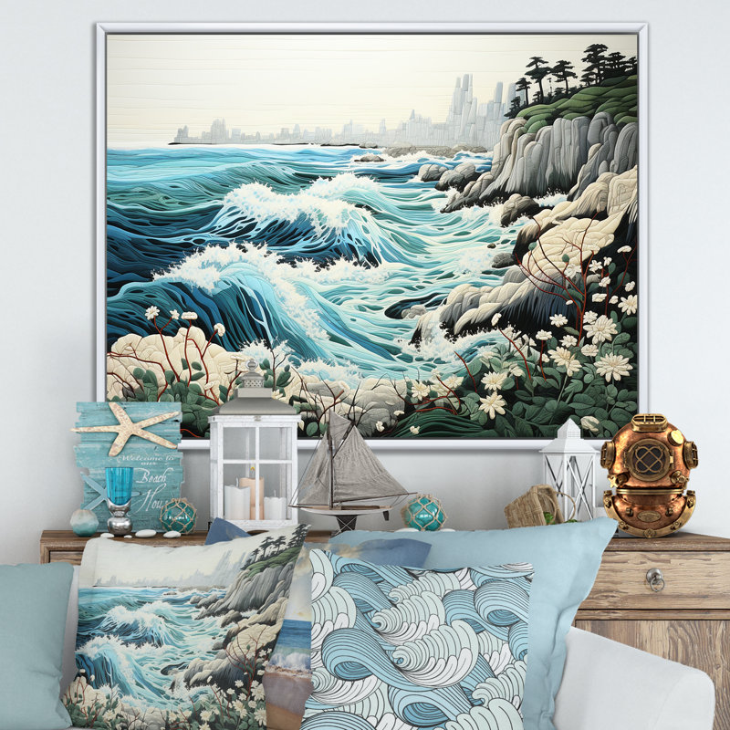 Tempête bleue et blanche côtière du Japon I, Cadre flottant blanc, H 30 po x l 40 po x P 1,5 po
