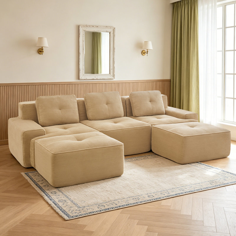 Geier 117.50" U Shaped Couch, Modular Sectional Sofa, 3-Seater Comfy Cloud Couch with Two Movable Ottoman, Camel Corduroy