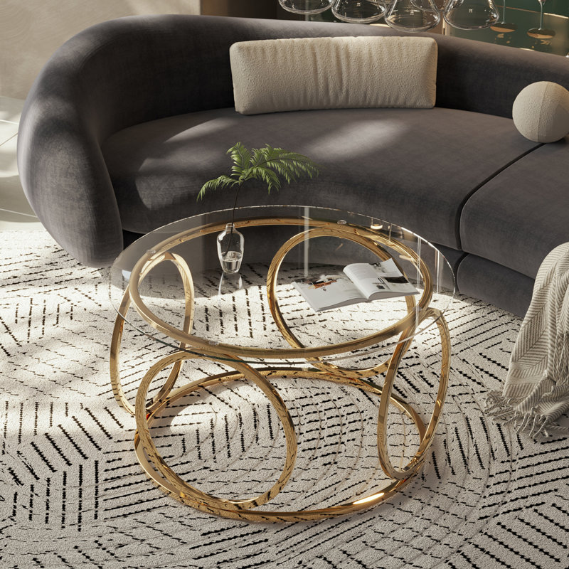 Table basse ronde avec plateau circulaire en verre, Clear Top/Gold Base