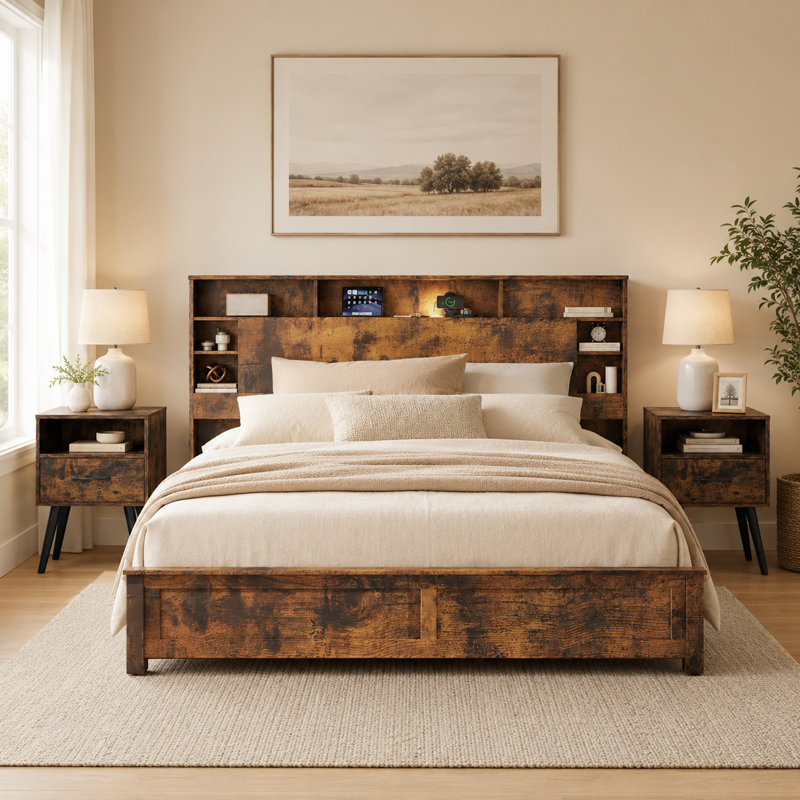 Ensemble de chambre à coucher 3 pièces avec lit tête de lit avec rangement, DEL, station de charge et 2 tables de chevet
