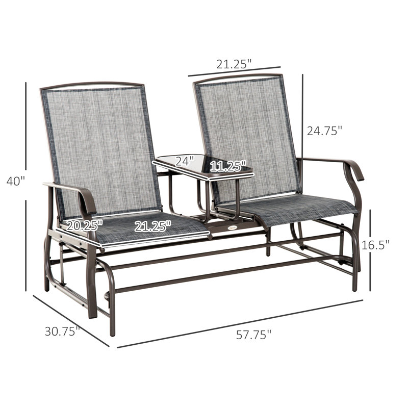 Outdoor Glider Bench With Centre Table. Gray Metal Frame Patio . Double Gliding Relax. Breathable Mesh . Holds 726 Lbs. Suits Backyard, Garden, Porch. 32"D X 58.25"W 39.25"H Table Integration