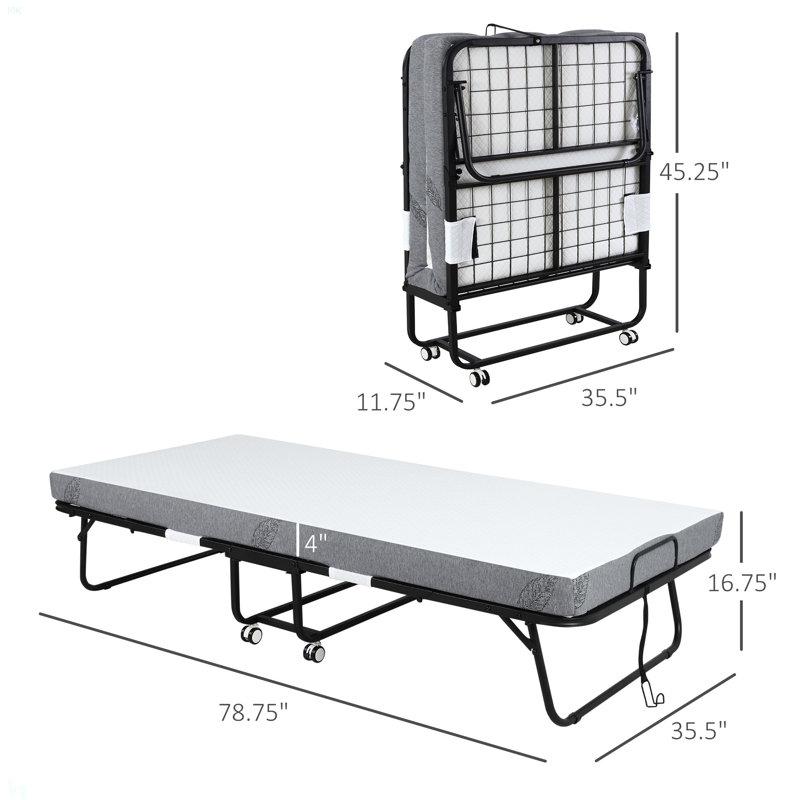 Lit pliant, lit pliant avec matelas de 4 po, lit d'invité pliable portatif avec structure en métal robuste et roues