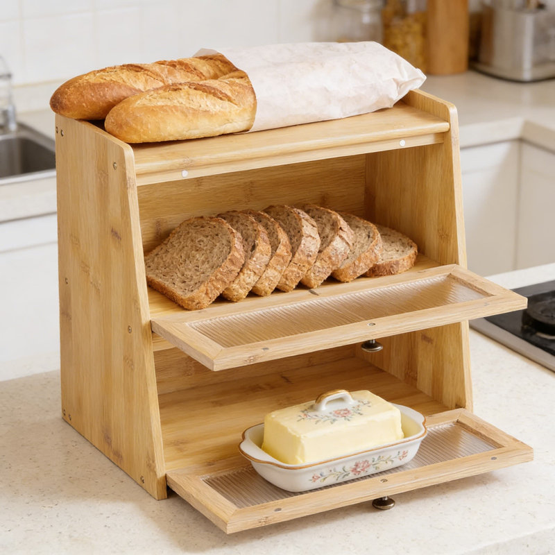 Double Layer Bread Box For Kitchen Counter, Large Capacity Wooden Bamboo Bread Storage Container With Acrylic Window, Stackable Bread Holder And Organizer