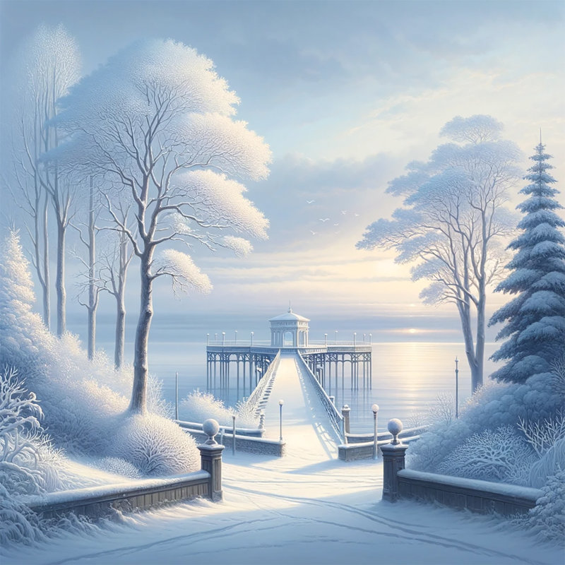 Serene Winter Pier: Snowy Lakeside With Gazebo sur toile, H 20 po x l 20 po x P 1,5 po