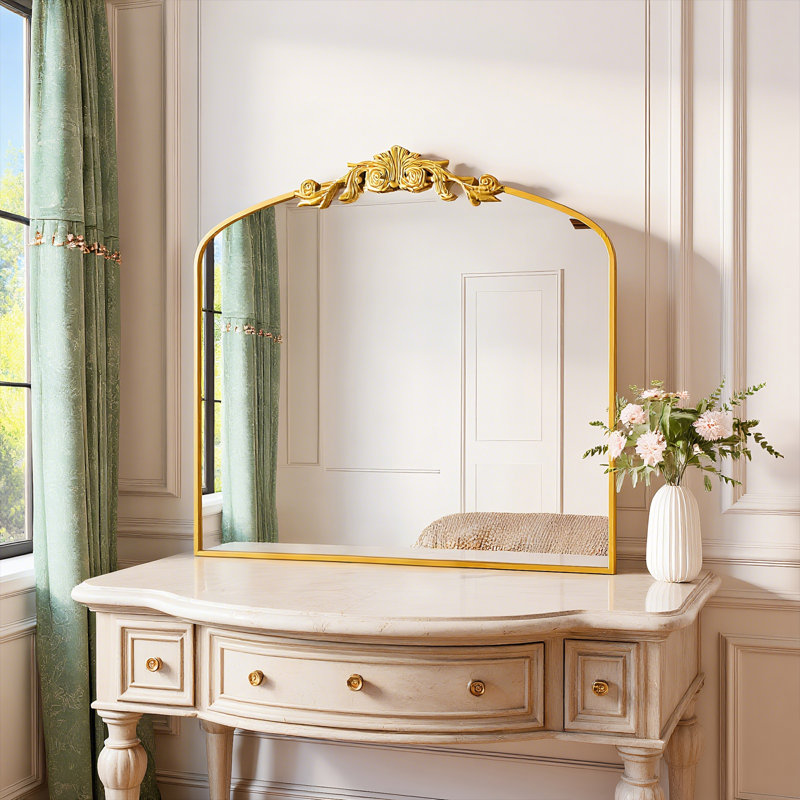 Arch Mirror Vintage Wall Mirror Decor With Alumium Alloy Frame, Traditional Baroque Bathroom Mirror For Wall, Tempered Glass, Hangs Vertical Or Leans