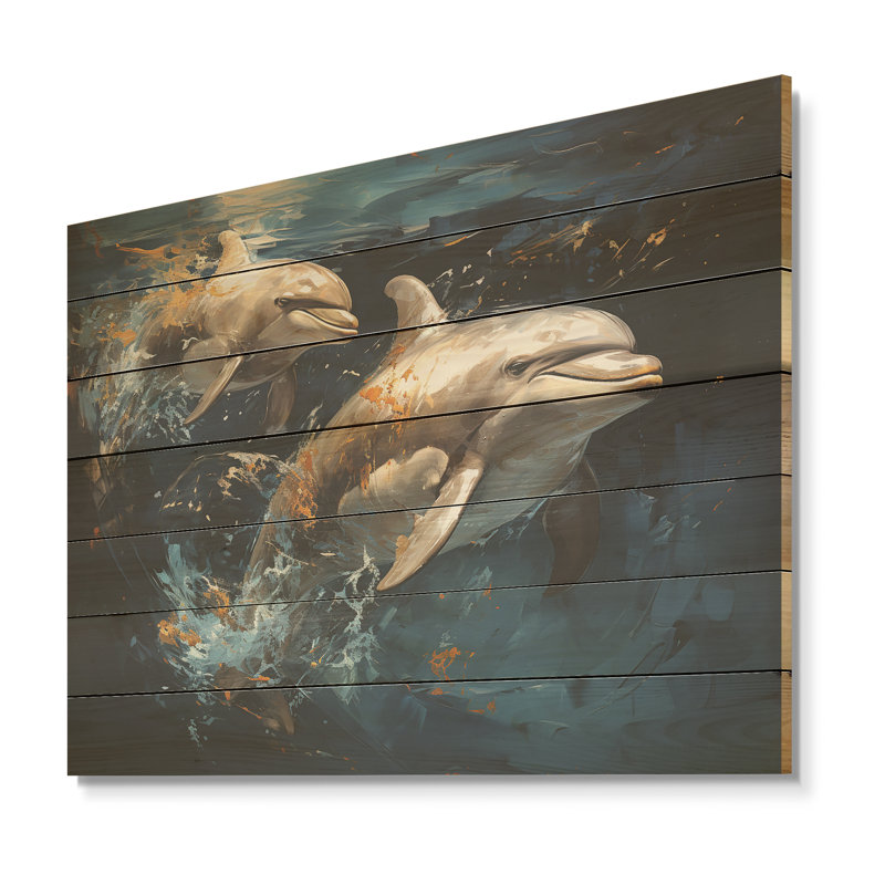 Blue Dancing Dolphines II - Animaux dauphin sur bois, H 30 po x l 40 po x P 0,78 po