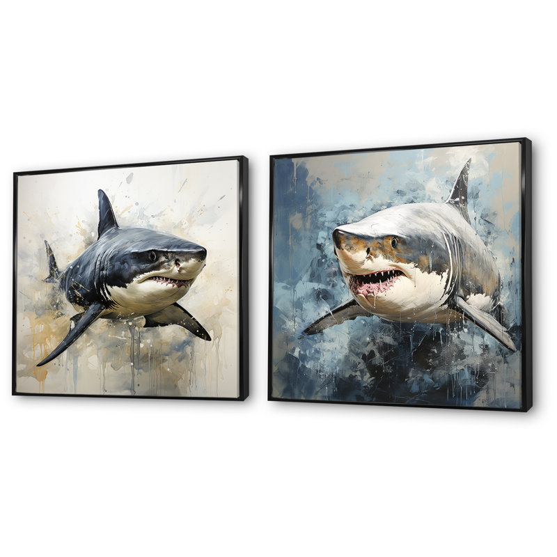 Grey Shark Shadows I - Coastal Animal Wall Art Prints Set Of 2, 36" H x 73" W x 1.5" D, Black Floater Framed