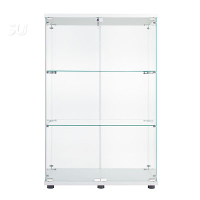 Two Door Glass Display Cabinet With 3 Adjustable Shelves, Perfect For Showcasing Collectibles And Enhancing Room Decor.