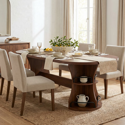 Table de salle à manger ovale de 70,8 pouces pour 4 à 6 personnes, table de salle à manger avec rangement à 2 niveaux, tables de cuisine modernes avec base incurvée, tables de petit-déjeuner robustes pour le salon, rassemblement, noyer