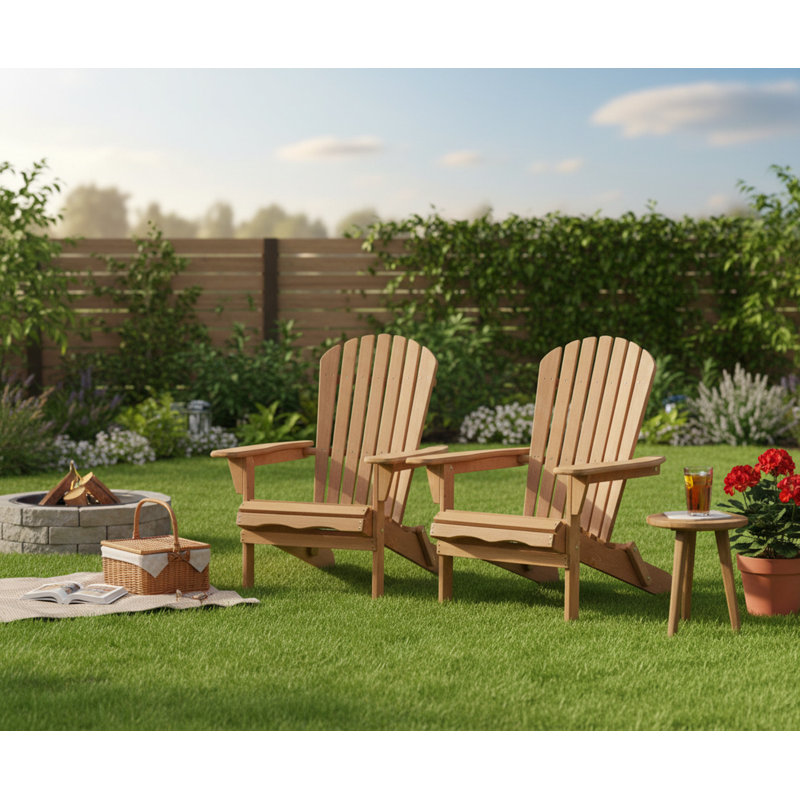 Outdoor Wooden Folding Adirondack Chair Set (2 Chairs) - Garden, Lawn, Terrace, Poolside, Fire Pit, And Relaxation Chairs