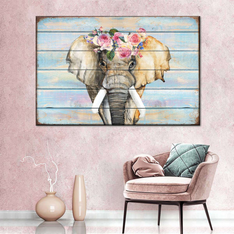 Éléphant, couronne florale sur toile, H 8 po x l 12 po x P 1 po