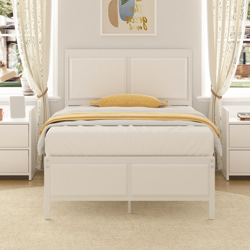 Kempst Twin Size White Metal Bed Frame with Wooden Headboard & Footboard, Rustic Farmhouse Platform Bed with Heavy Duty Steel Slats Support, No Box Spring Needed