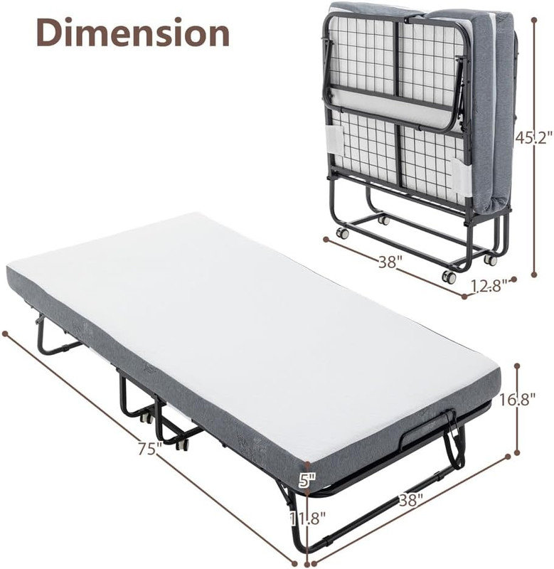 Folding Bed with Mattress, Portable Foldable Bed with 5" Memory Foam Mattress and Metal Frame for Adults, Roll Away Guest on Wheels