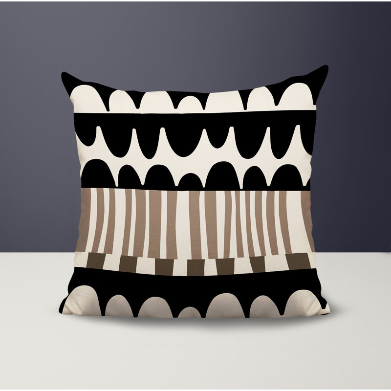 Coussin carré intérieur / extérieur Rami, Beige / noir / blanc cassé abstrait, H 17 po x l 17 po