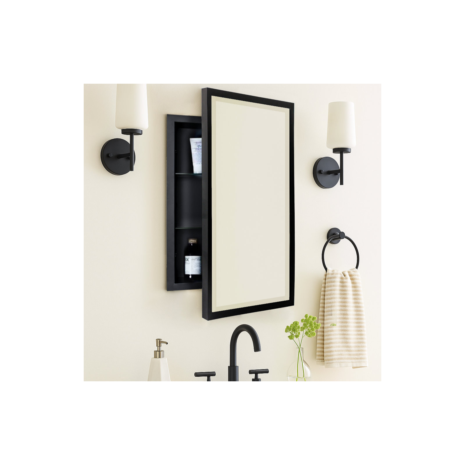 Haddison Recessed Framed Medicine Cabinet with Mirror and Adjustable Shelves, Matte Black, 24" x 16"