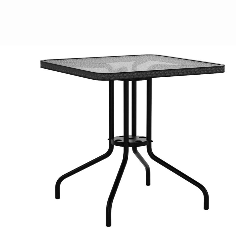 Table carrée en métal trempé 28 po avec bordure en rotin, Noir
