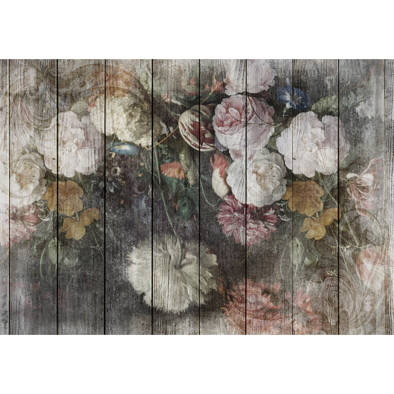 Papier peint floral - Fleurs rétro sur bois, L 124 po x l 177 po