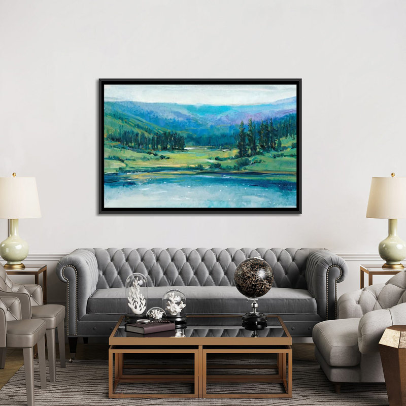 « mountain lake i », reproduction de peinture à l’aquarelle sur toile tendue, H 18 po x l 26 po x P 1,5 po, Pas de tapis